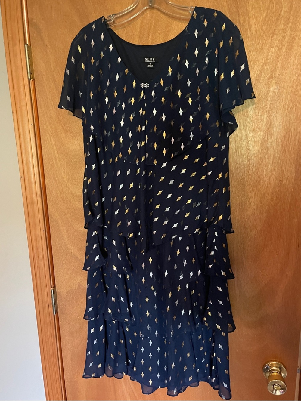 SLNY Navy Midi Dress with Gold and Silver Diamond Print